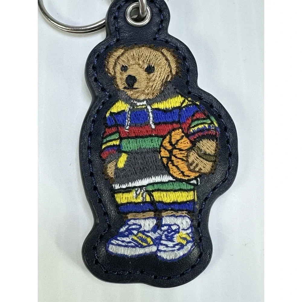 Polo Ralph Lauren BASKETBALL BEAR LEATHER Key Ring Keychain NAVY BLUE